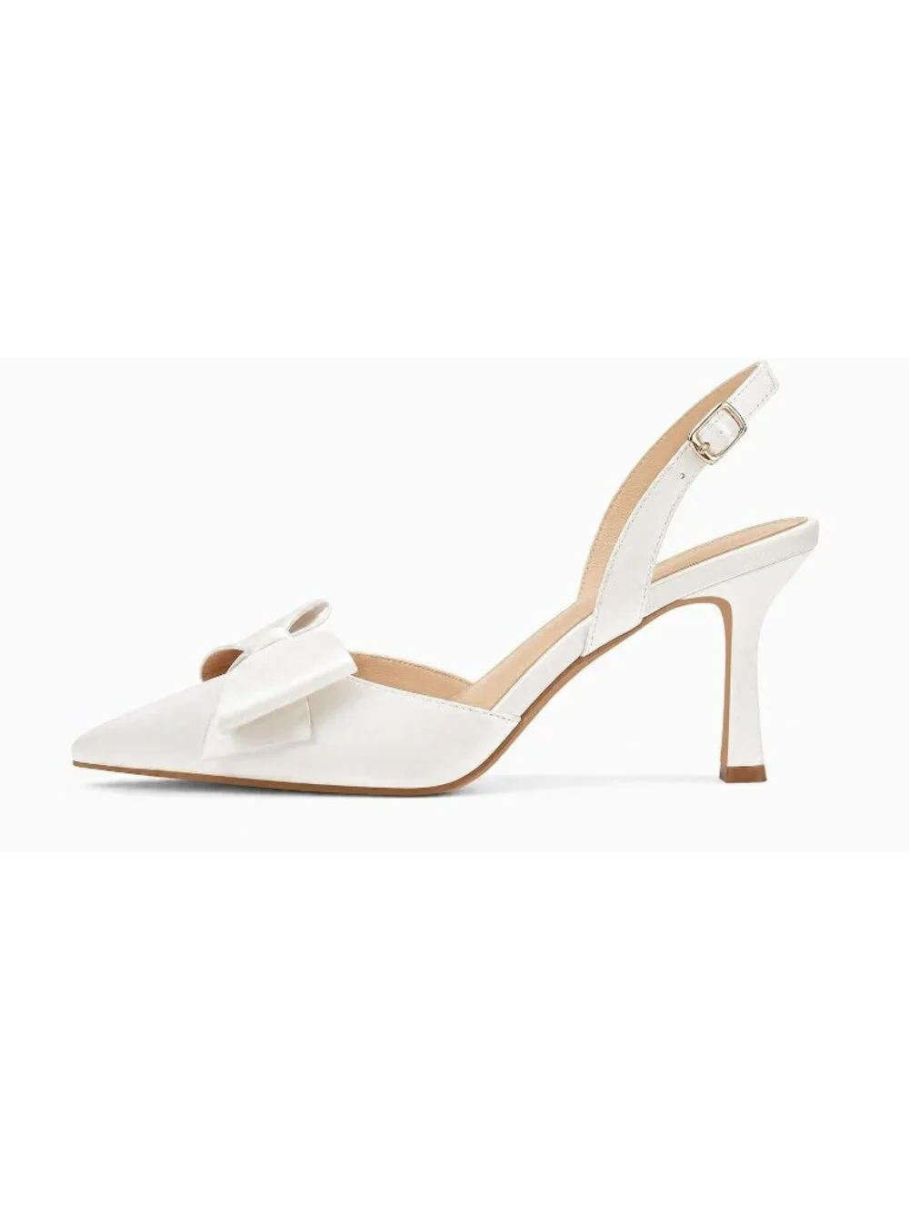 Women's White Rubber Satin Bow Slingback Kitten Heels Closed Pointed Toe Pumps